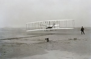 Historic photograph of Orville and Wilbur Wright’s first flight at Kitty Hawk, N.C., on 17 December 1903