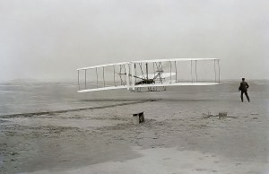 Historic photograph of Orville and Wilbur Wright’s first flight at Kitty Hawk, N.C., on 17 December 1903